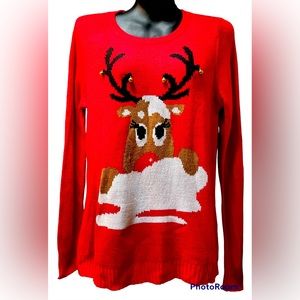 Christmas Sweater Red with Reindeer with bells on antlers Snow Size L 12/14